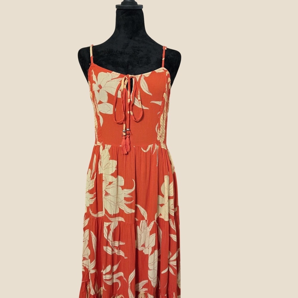 Angie Orange Floral Maxi Dress L Smocked Lace Up Back Boho Resort Vacation - Picture 3 of 5